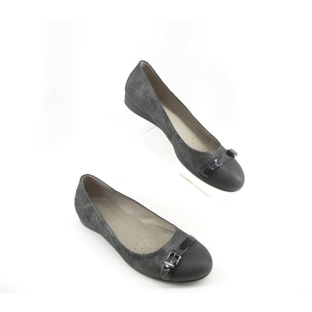 ECCO Womens SZ 38 EU 7-7.5US Black Leather Snake Skin Print Buckle Comfort Flats